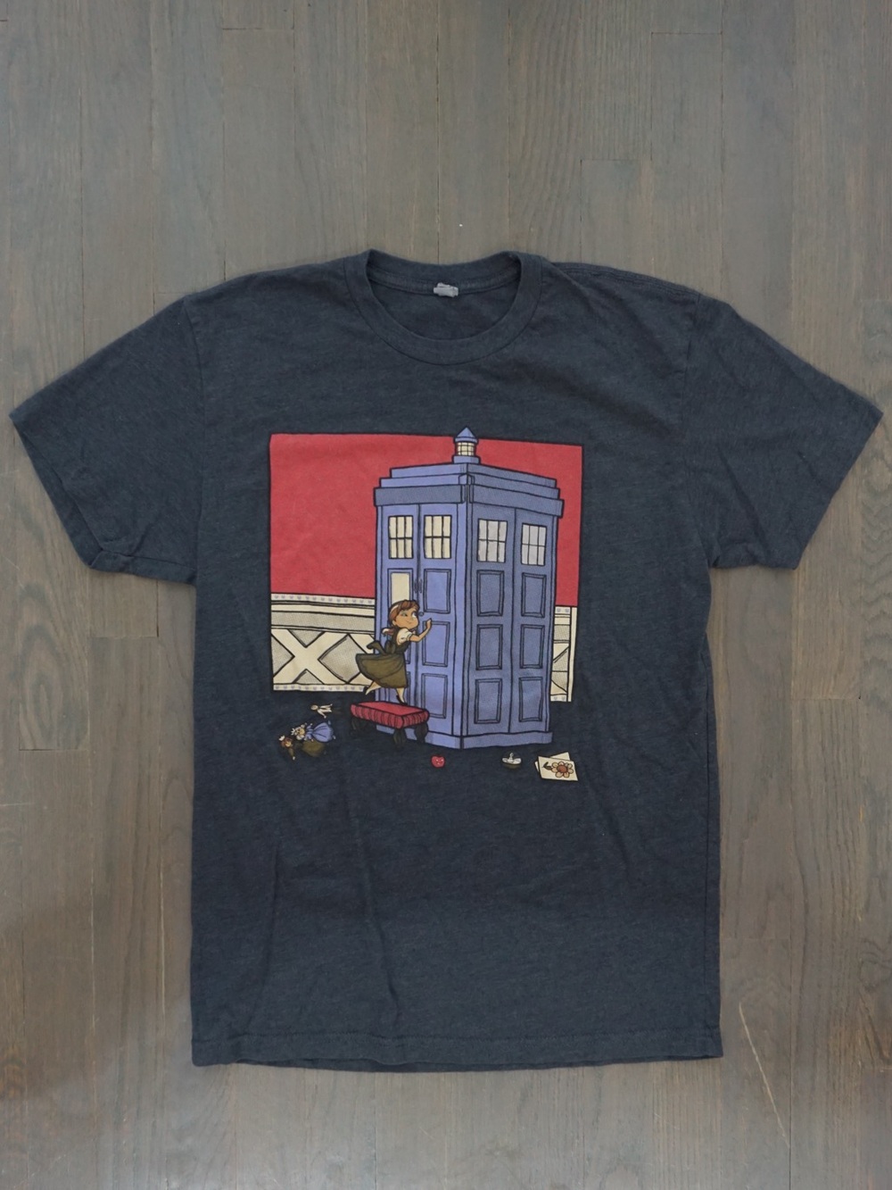 Next Level Apparel Charcoal Navy T-Shirt with Blue TARDIS Graphic